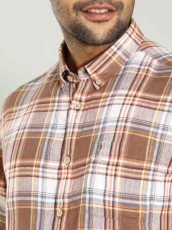 Indian Terrain Men's Regular Fit Half Sleeve Checkered Brown Shirt